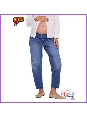Maternity Under Belly Elastic Waist Relaxed Barrel Leg Denim Pregnancy Jeans